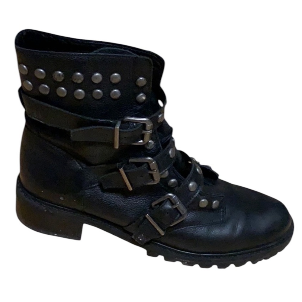 Schultz size 10 black silver studded leather combat boots with buckle detail